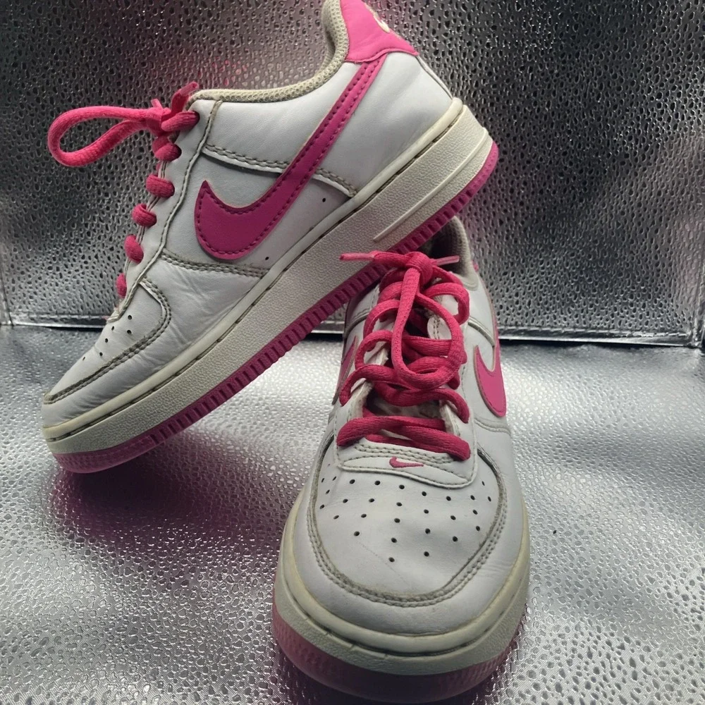 Nike Air Force 1 Low Top Leather Sneakers White/Pink Lace Up Kids US 1